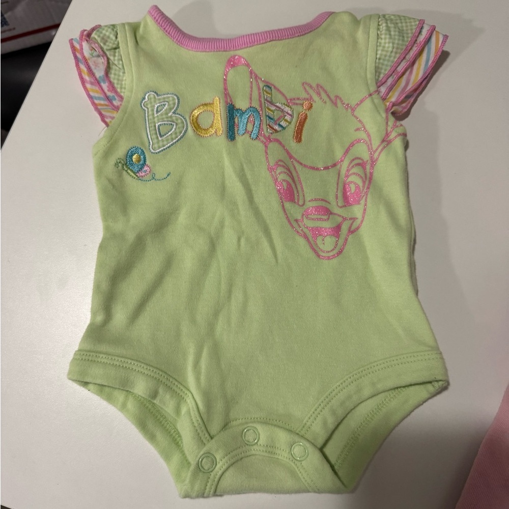 Disney Baby Bambi Onesie 0-3M Green Flutter Sleeve Pink Embroidered Cottagecore